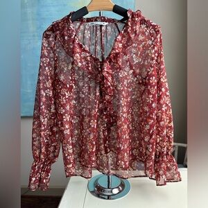 Zara Sheer Floral Ruffle Blouse with Metallic Threading throughout